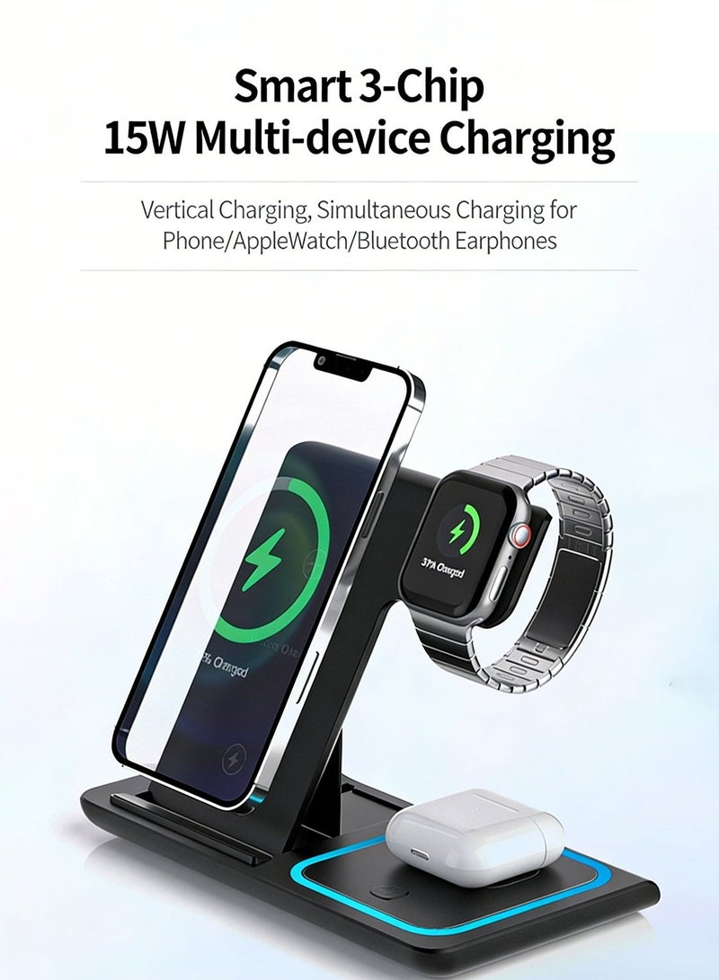 FDTY محطة شحن لاسلكية مغناطيسية 3 في 1، حامل شاحن سريع 15 وات لسلسلة iPhone 17/16/15/14/13/12، Apple Watch Ultra/11/10/9/8/SE، AirPods Pro/4/3/2، قاعدة شاحن قابلة للطي للسفر - Image 5